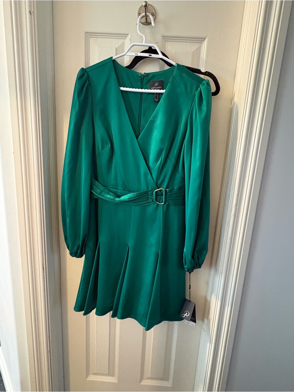 Adrianna Papell Emerald Green Wrap-Front Long Sleeve Dress